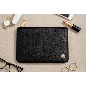 Anne Klein Black Pebbled Leather Zip Pouch / Clutch – Gold Lion Logo